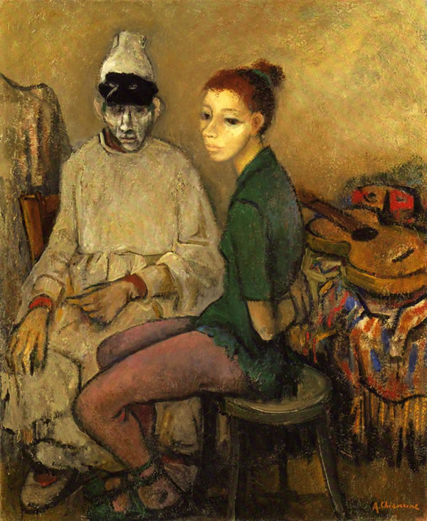 Ballerina e Pulcinella, 1948-’52, olio su tela, cm 110x90, Napoli, collezione privata